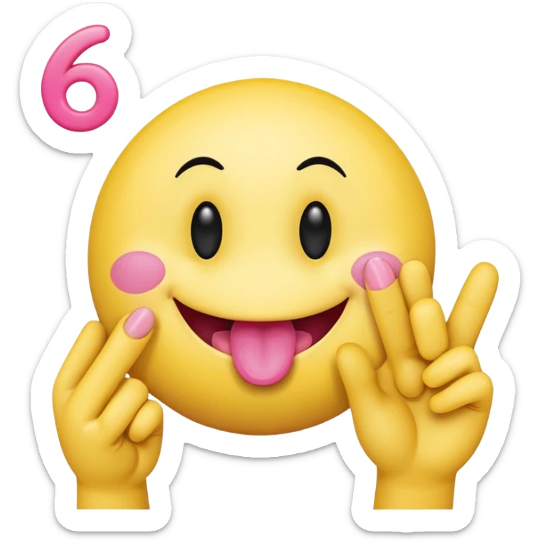 The image is a digital illustration of a yellow smiley face with big, round eyes and a big smile. The face is holding a pink tongue sticking out and making a 67 with its fingers. Above the face, The background is white. sticker