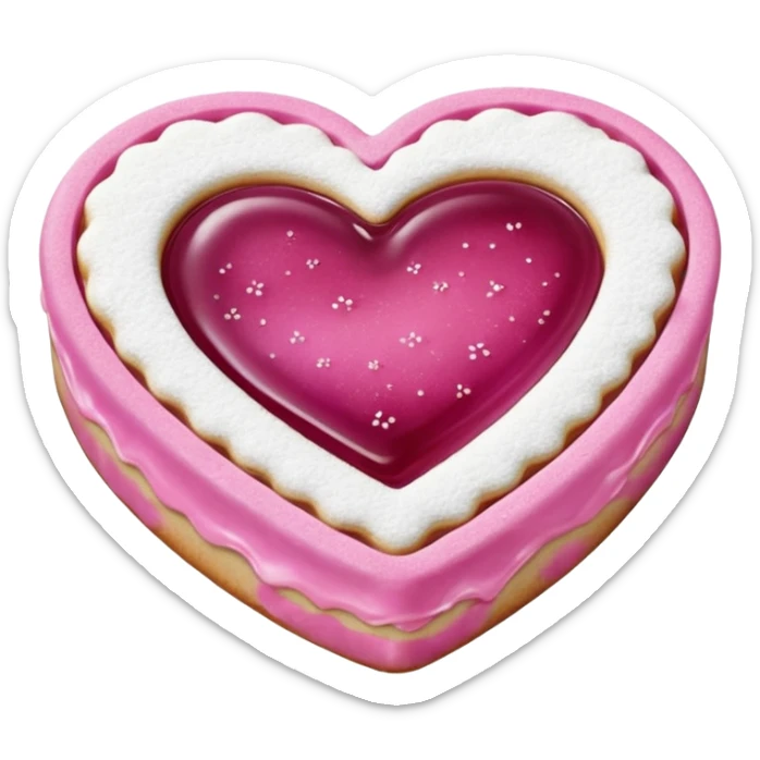 Realistic shortbread cookie in the shape of a heart with light margenta jelly middle filling and sprinkled powder sugar on top. sticker