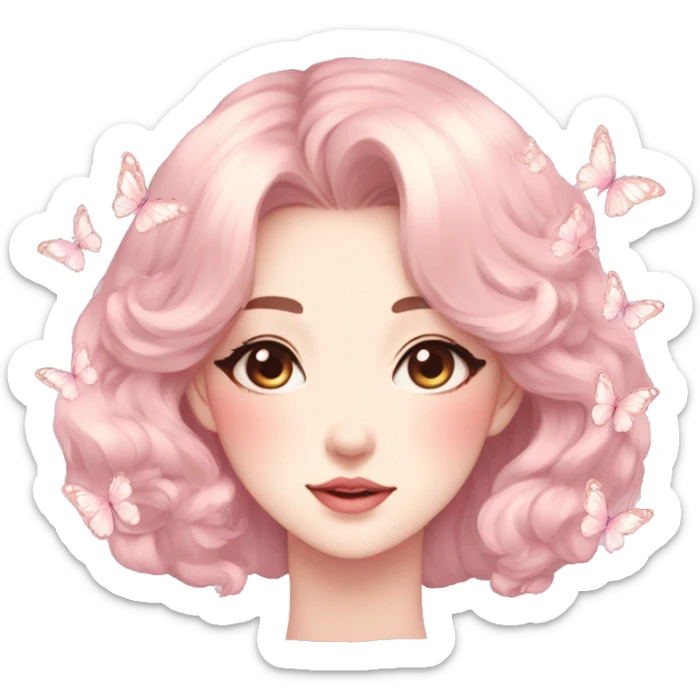 Gorgeous pastel anime style lady with blushing face and butterflies aesthetic trending style sticker