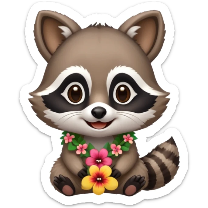 A cute chibi playful raccoon wearing a hawaiian flower necklace, looking festive. sticker