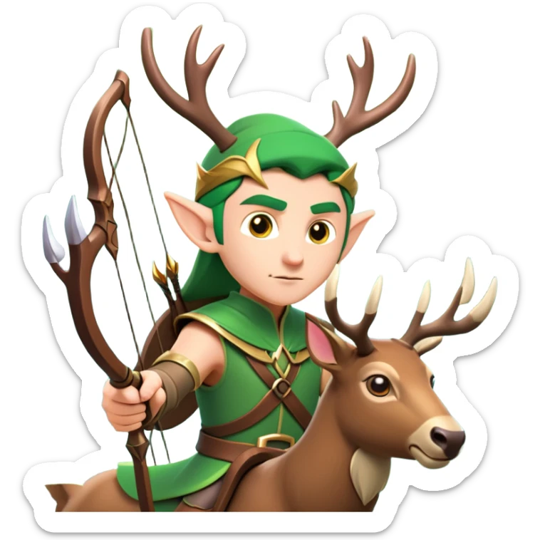 clash-of-clans-aesthetic-focused-elf-archer-portrait-emoji, rendered in a flat, vector-style with minimal shading and bold, simplified shapes, head tilted slightly forward with a determined, focused expression, riding a majestic stag whose luminous antlers glow with mystical energy, set against an ancient, enchanted forest backdrop. sticker