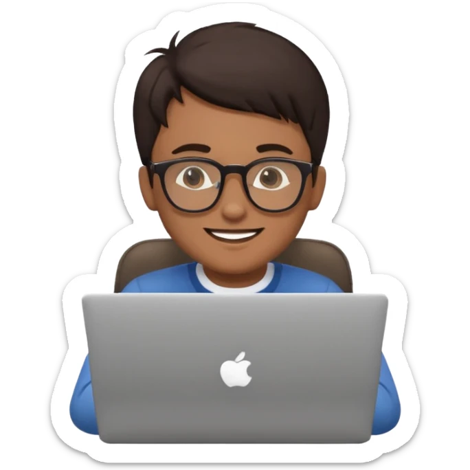 happy man on laptop with light brown skin color , with dark hair front of laptop sticker