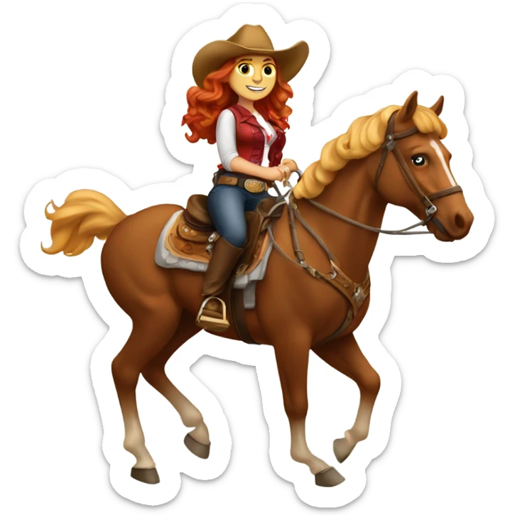 Long wavy red headed Latina wearing western wear riding a blonde horseback  sticker