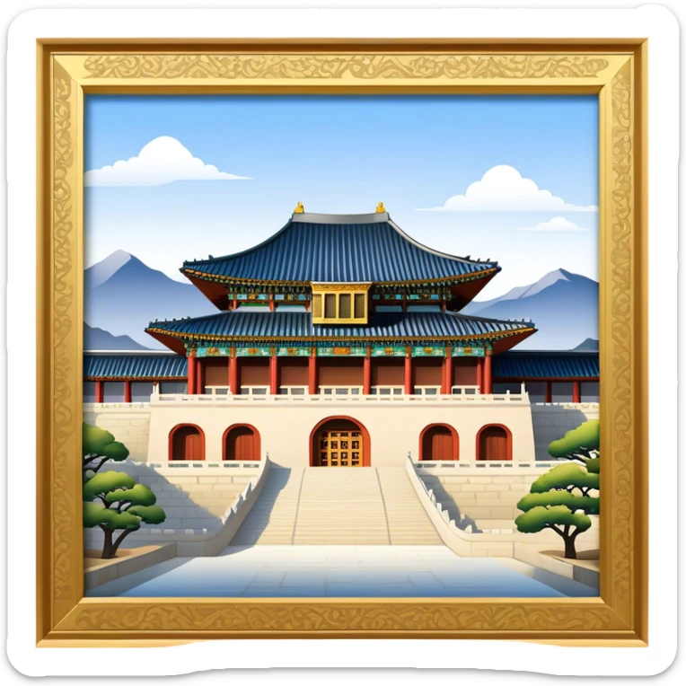 Cinematic Realistic Gyeongbokgung Palace Landmark Emoji, depicted with regal historic architecture rendered with intricate detail and majestic, dynamic lighting. sticker
