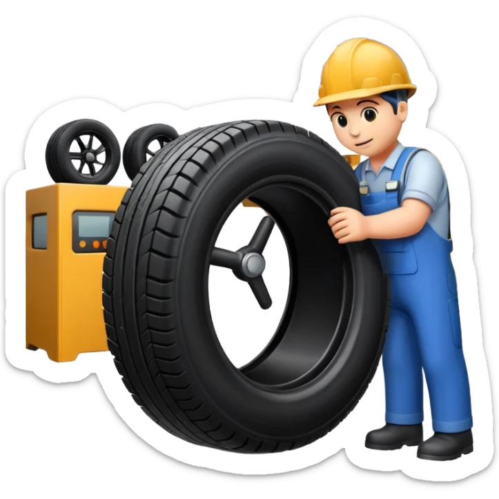 please draw me a emoji of tire - inside the manufacturing factory - getting inspected by machine sticker