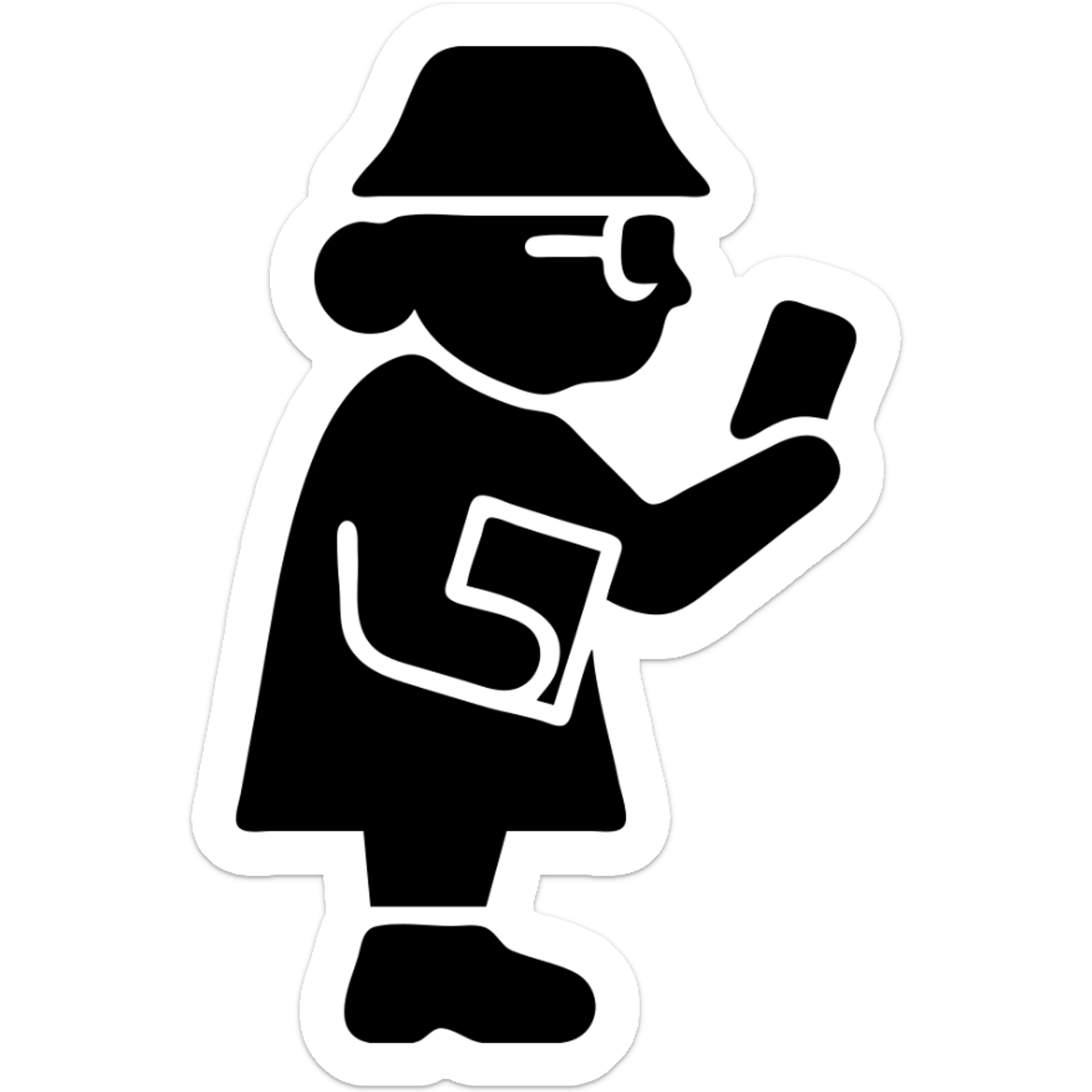 Gen Z librarian granny with bucket hat, chunky sneakers, glasses, holding a phone and a book, solid icon sticker