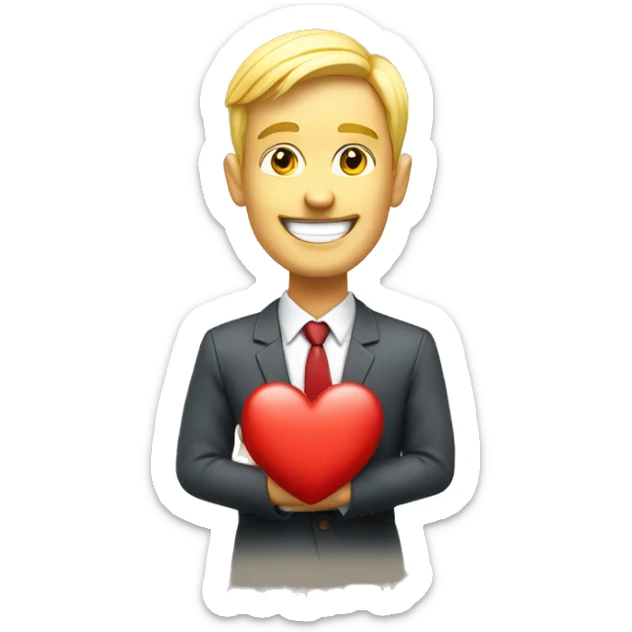 Happy smiling businessman holds a heart forward. white skin yellow hair sticker