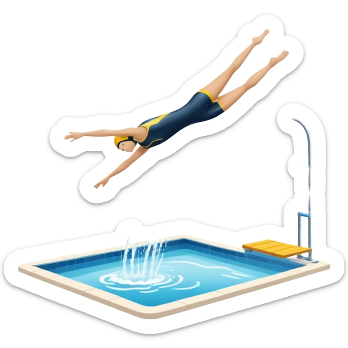 An icon showing a diver captured mid-air in a graceful pose above a pool, with a diving board behind and water below. Splash trails and motion lines emphasize precision and elegance. Transparent background highlights the beauty and focus of competitive diving. sticker
