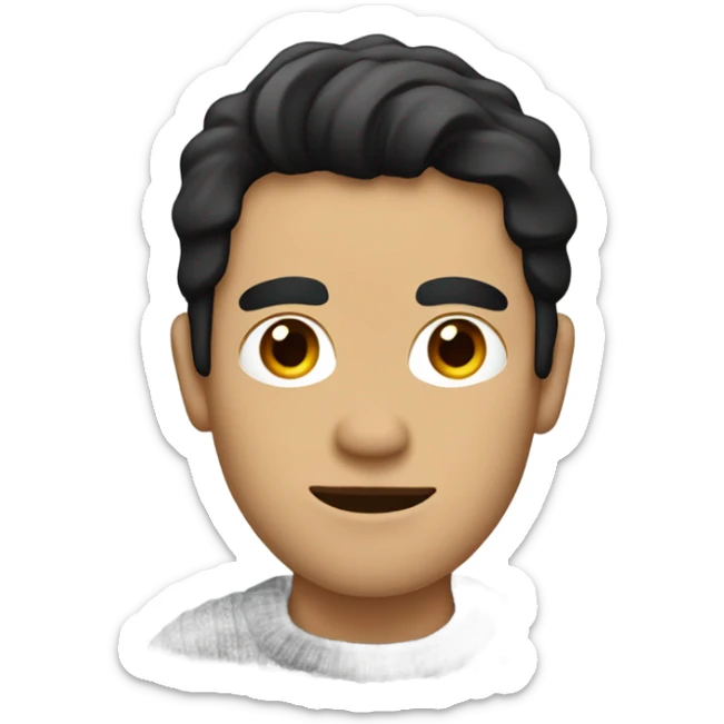 a man with black hair and a sweater with a paper clip diagonally across it. sticker