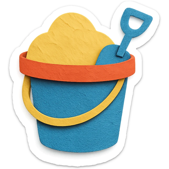 beach bucket and pail with sand and a small shovel, bright colors, in paper-craft style sticker