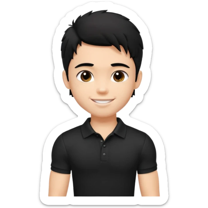 a pretty bratz fair lean muscles boy with a black polo shirt on. shaggy black hair. smiling sticker