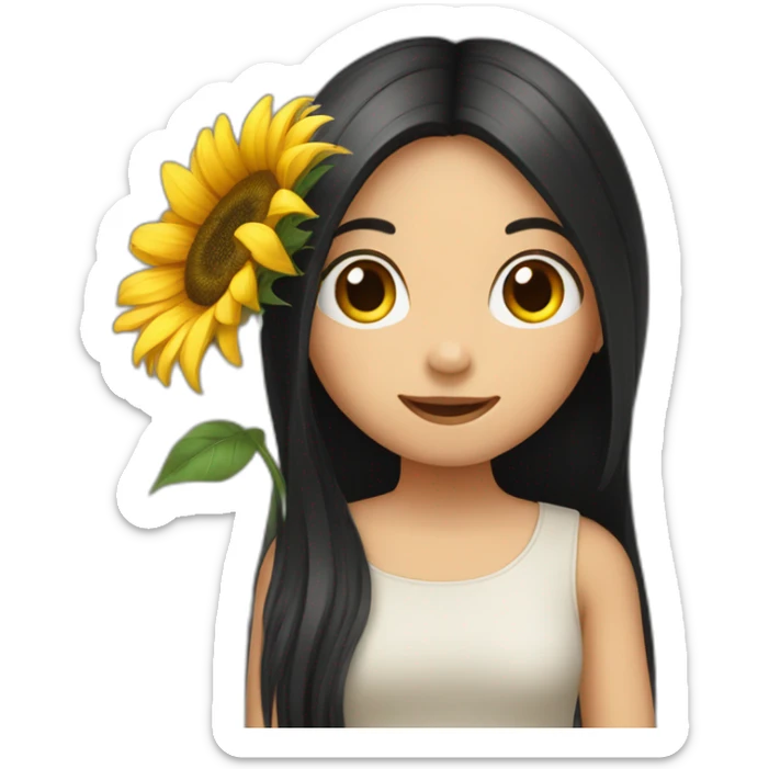 Straight long black hair girl holding a sunflower sticker