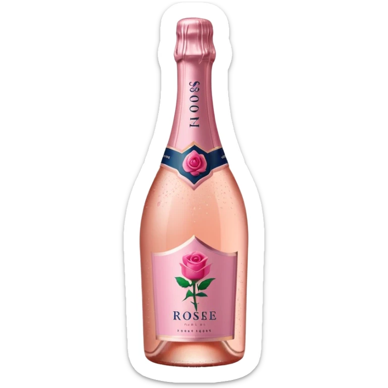 bottle of sparkling rosé with a rose logo on the label, angled to the left, no glass sticker