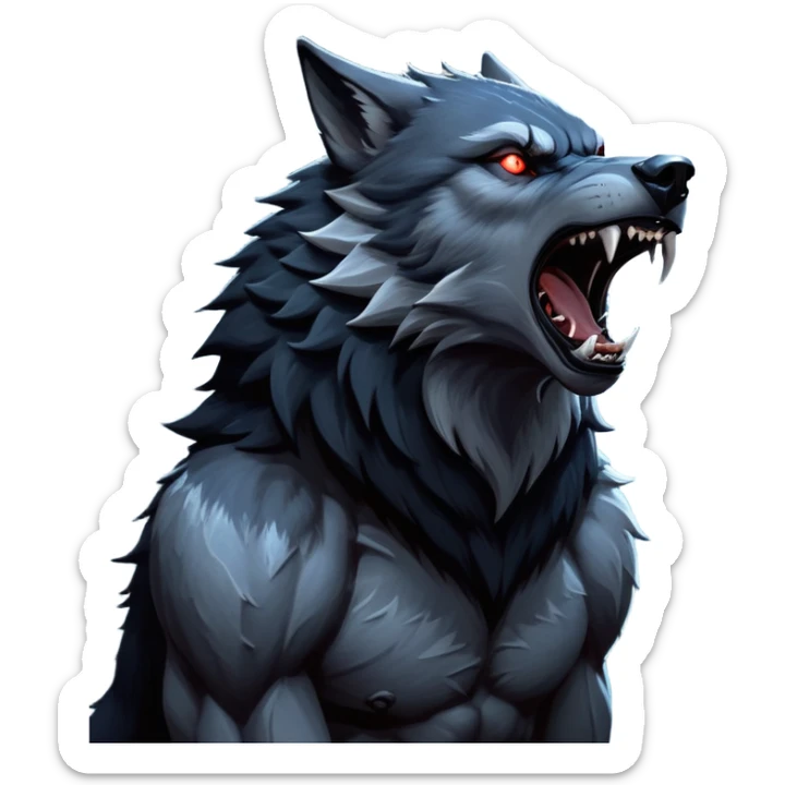 cinematic-noble-fierce-werewolf-howling-portrait-emoji, poised-and-imposing, with a fierce wolfish face tilted upwards in a haunting howl, glowing eyes full of primal ferocity, sharp, and a rugged snout, fur rippling in shades of midnight black and silver, muscles tensed as the powerful howl echoes beneath the moonlit sky; rendered with realism, capturing the raw, untamed power of the beast in its wild, primal state sticker