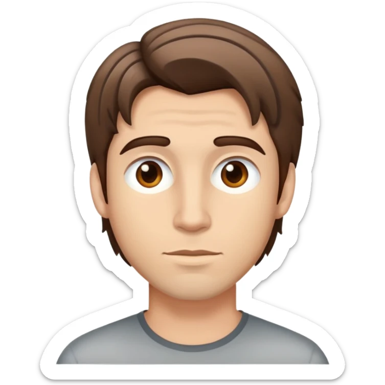 Man with bown hair with streaks of gray and light skin with  sticker