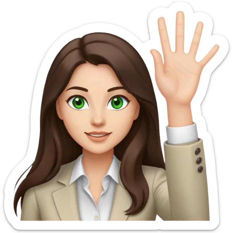 brunette long hair business casual woman with green eyes high five sticker