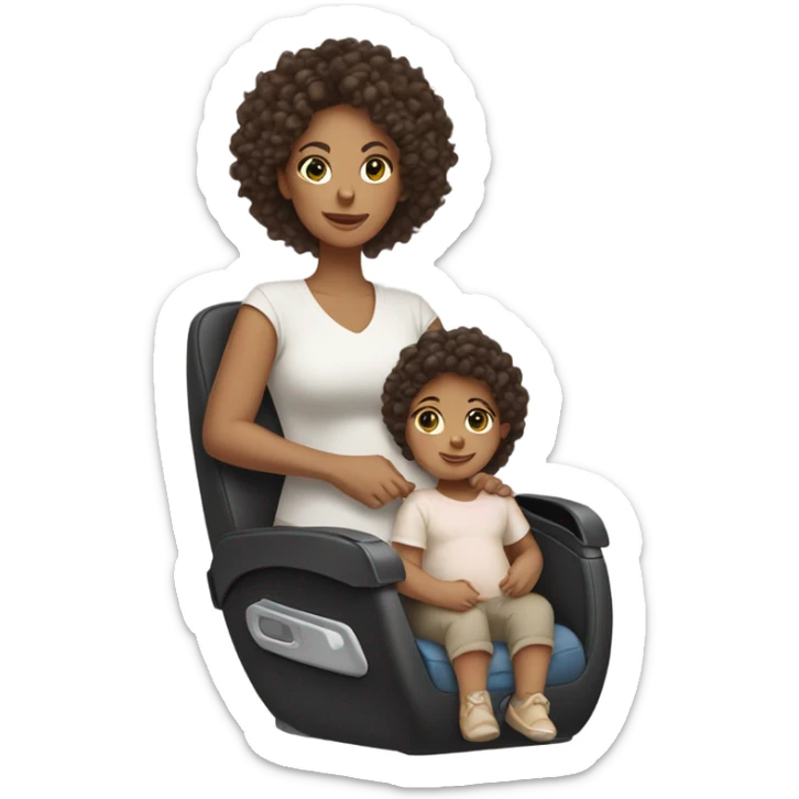 mom with light tan skin, shoulder length dark brown curly hair carrying 2 baby car seats  sticker
