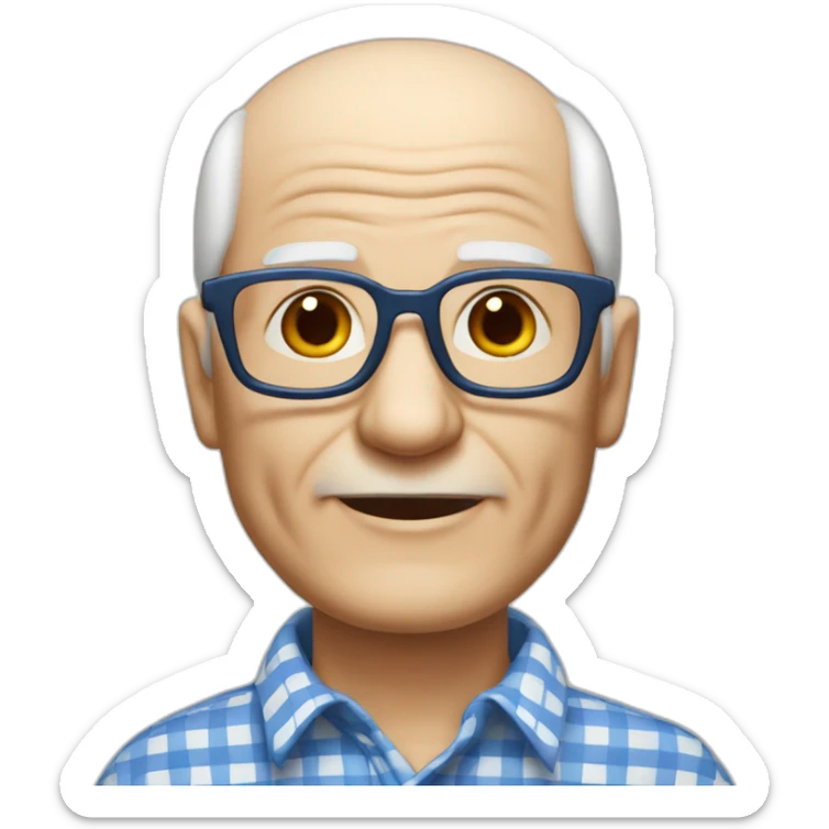 80-year-old grandfather with white skin color and glasses to see, wearing a white and blue checkered shirt. with white hair bald front of the head  sticker