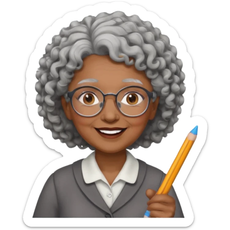 old woman teacher, brown skin, curly grey white hai, wearing glasses, hold chalk on hand sticker