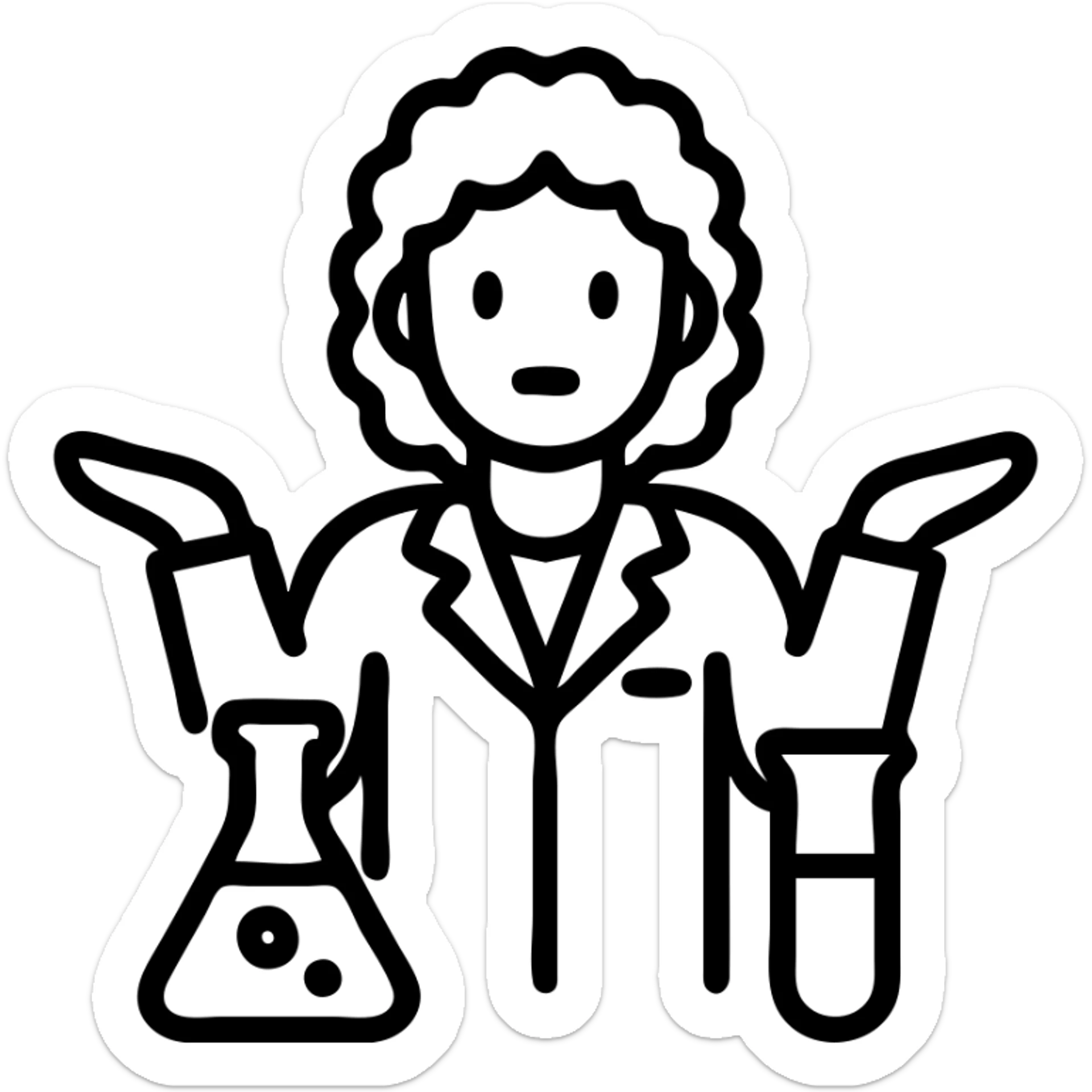 woman scientist with curly hair shrugging, lab equipment nearby, outlined icon style sticker