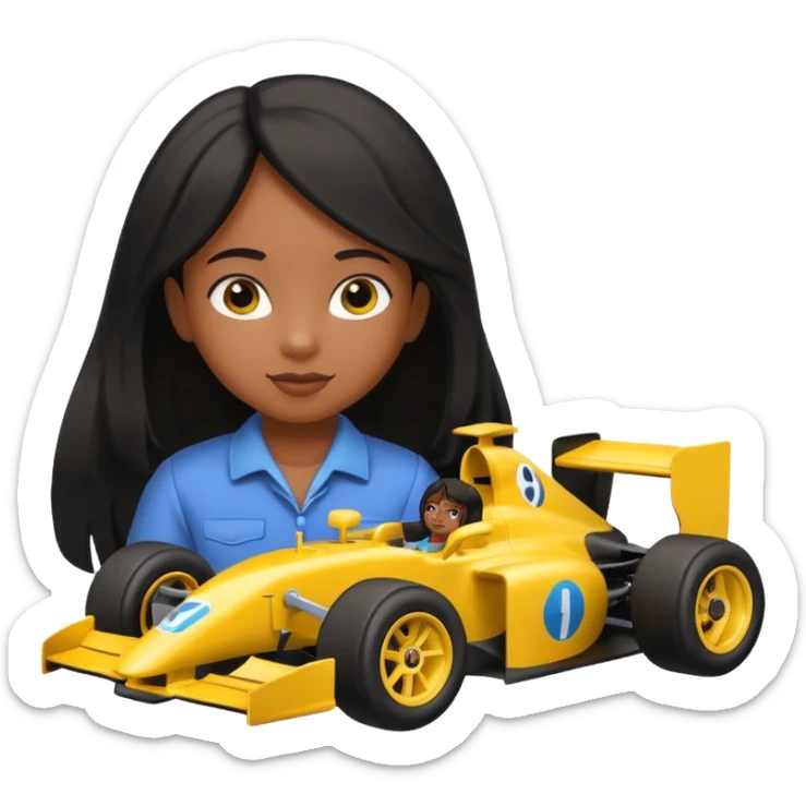  long black haired black girl kid playing yellow colored formula 1 car toy sticker