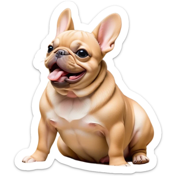 Cinematic Cute Yawning Fawn French Bulldog Portrait Emoji, Head tilted slightly with a dramatic, wide-open yawn, showcasing a sleek fawn coat with a refined texture, floppy ears slightly drooping, round dark eyes barely open in drowsy contentment, Simplified yet irresistibly adorable features, highly detailed, glowing with a soft, cozy glow, high shine, relaxed yet expressive, stylized with a touch of whimsy, bright and endearing, soft glowing outline, capturing the essence of a sleepy yet affectionate companion, so drowsy it feels like it could stretch out of the screen and curl up for a nap! sticker