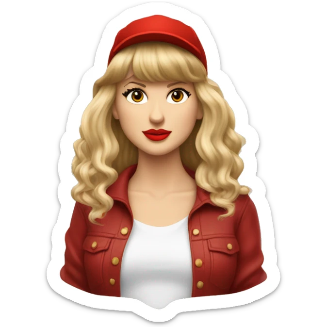 Taylor Swift looking off in the distance with long blonde hair and bangs wearing a red ivy-hat sticker