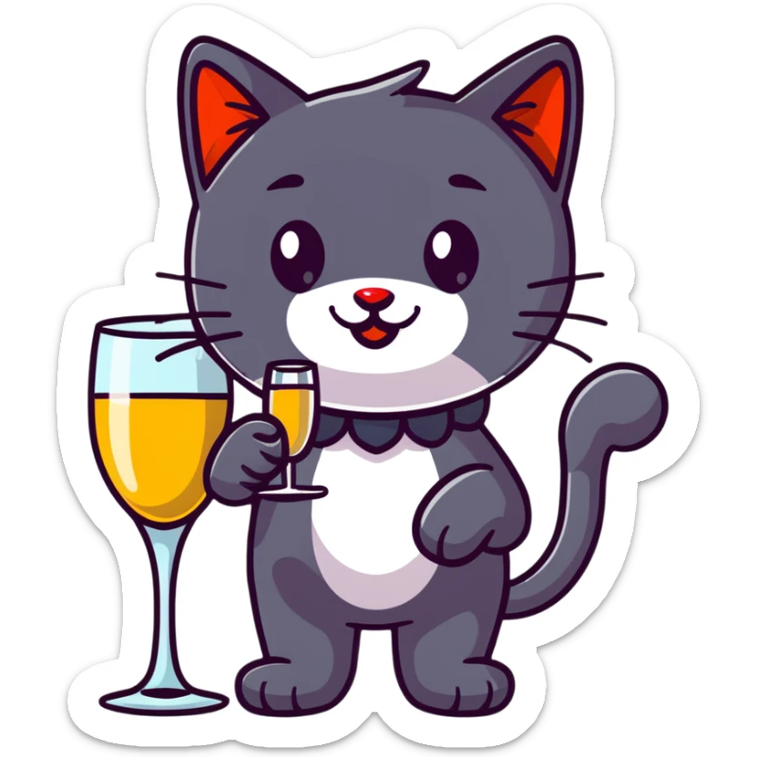 black cat with a red clown nose and a glass of champagne in its paw, playful and festive sticker