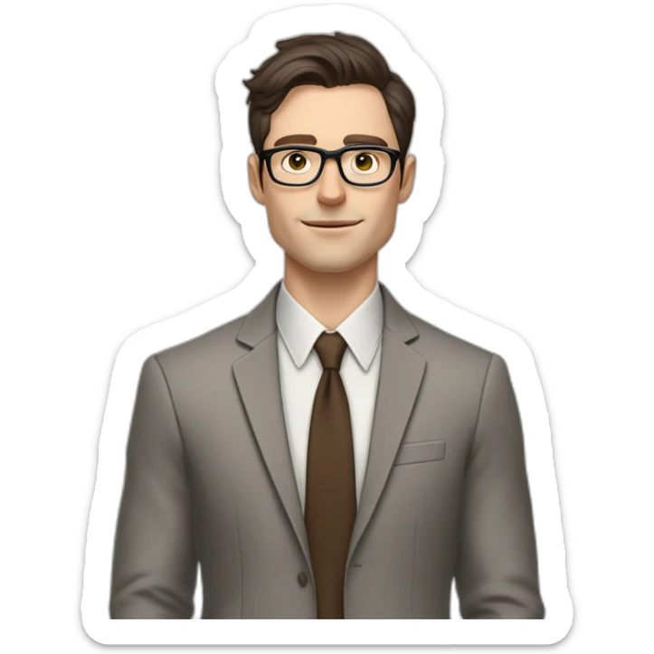 Pale skinned fit man with dark brown hair in gray jacket, beige office shirt, brown tie, brown pants and vintage glasses Writing on the flipchart sticker
