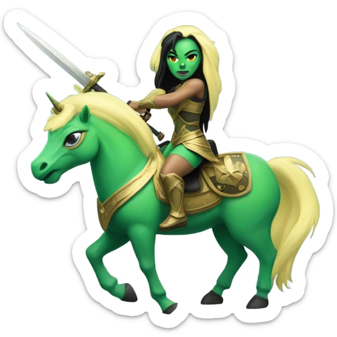 English

a green amazon alien woman on a light yellow unicorn with black mane holding a sword and shield sticker