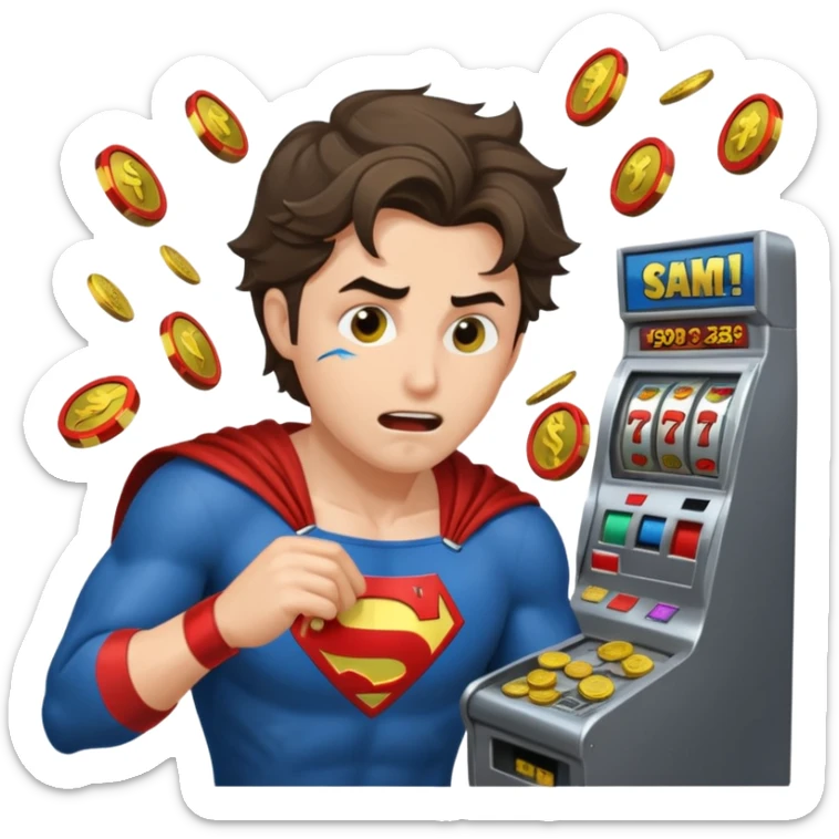 disheveled super hero losing money at a slot machine, panicked face, coins flying sticker
