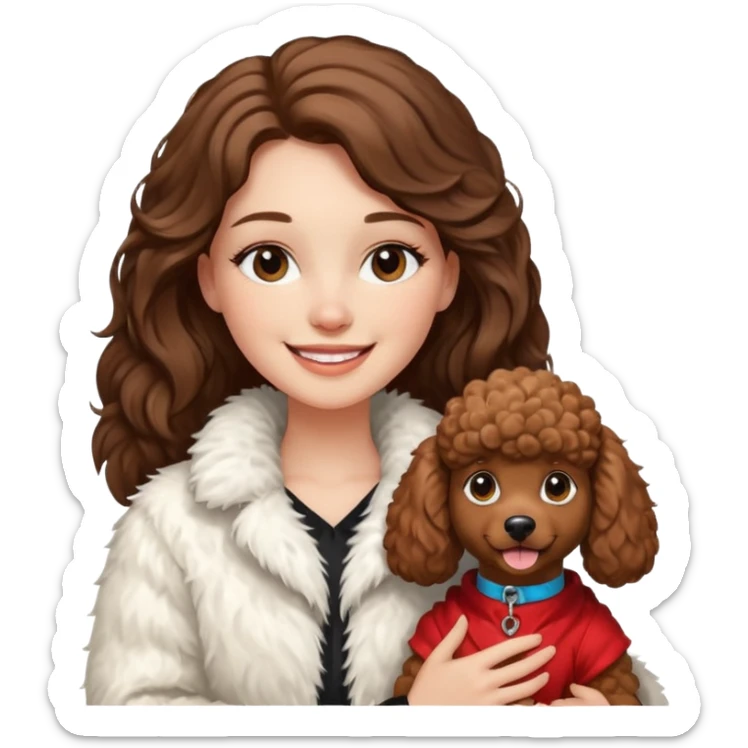 A white girl smiles a broad smile. She parts a long brown hair in middle. and she wears a white fur jacket. She also holds a brown poodle. sticker