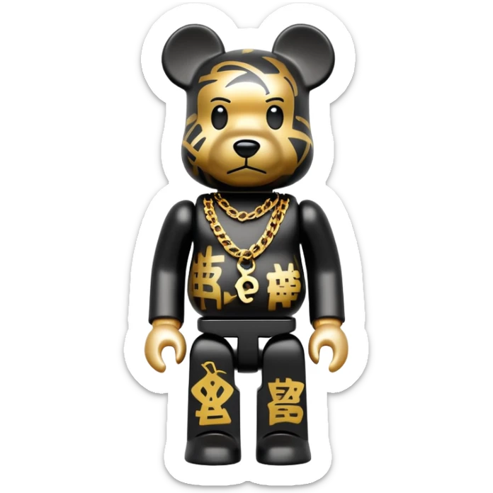 hustler bearbrick toy figure with graffiti print, X symbols instead of eyes, gold chain and money sticker
