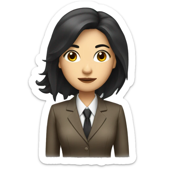 Female defense attorney with long black hair with brown suit sticker