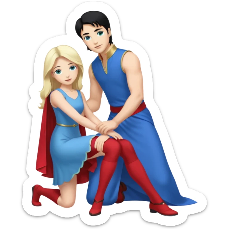 prince, upright, black Hair, blue eyes, blue garment,  Woman, blonde Hair, Green eyes, bending knee, sleveless White Dress, sticker