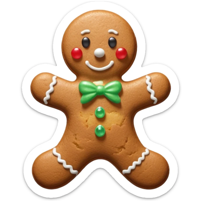 3D render of Gingerbread Man, made entirely of dessert materials, glistening sugar crystal texture, baked brown cookie texture with white icing details, delicious confectionery aesthetic, Apple emoji style, isolated on white background --v 6.0. sticker