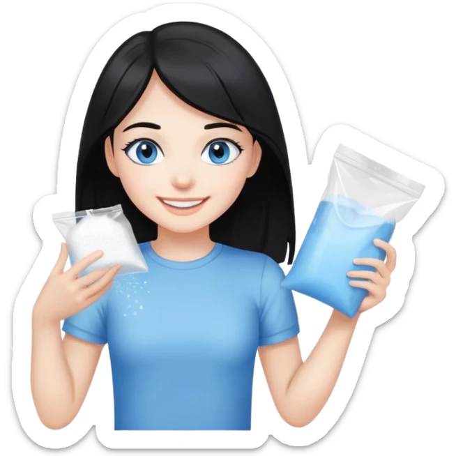 Black hair blue eye Girl smiling holding a clear plastic bag with white powder sticker