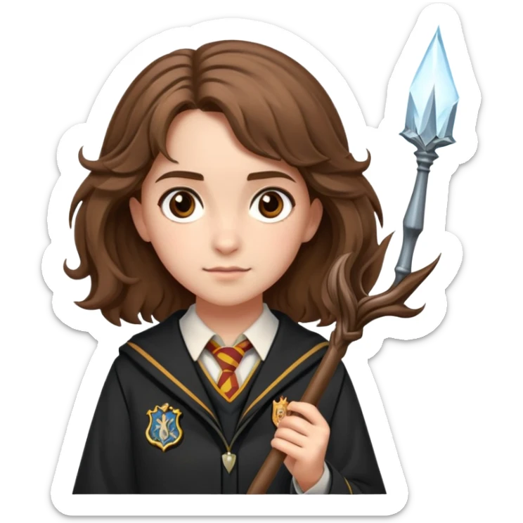 Hermione Granger with bushy brown hair, wand, and Hogwarts uniform sticker