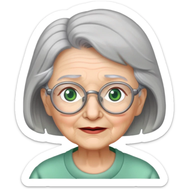 Grandma with grey hair, green eyes, grey hair, glasses with no teeth sticker