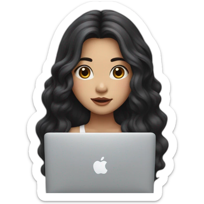 Korean girl with long and wavy black hair in front of her macbook, face whiter sticker