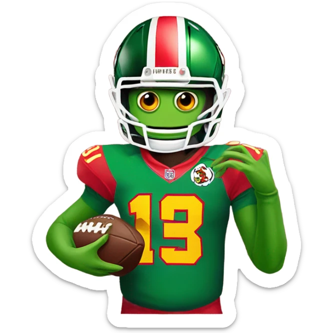 Kermit the Frog in a Patrick mahomes jersey holding a football sticker