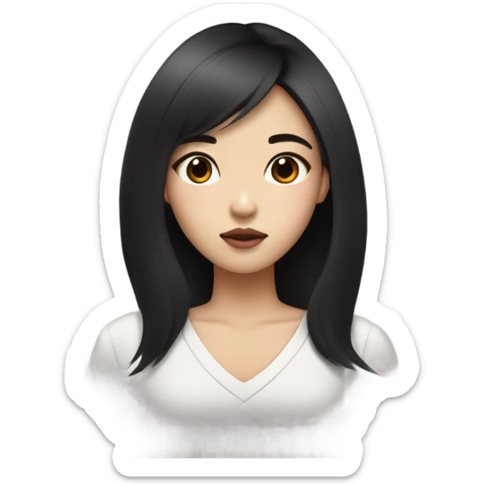 a girl with black hush cut hair with face framing and have straight eyebrow and then have big monolid eye like korean and a pointy nose and plumpy lips look like korean sticker