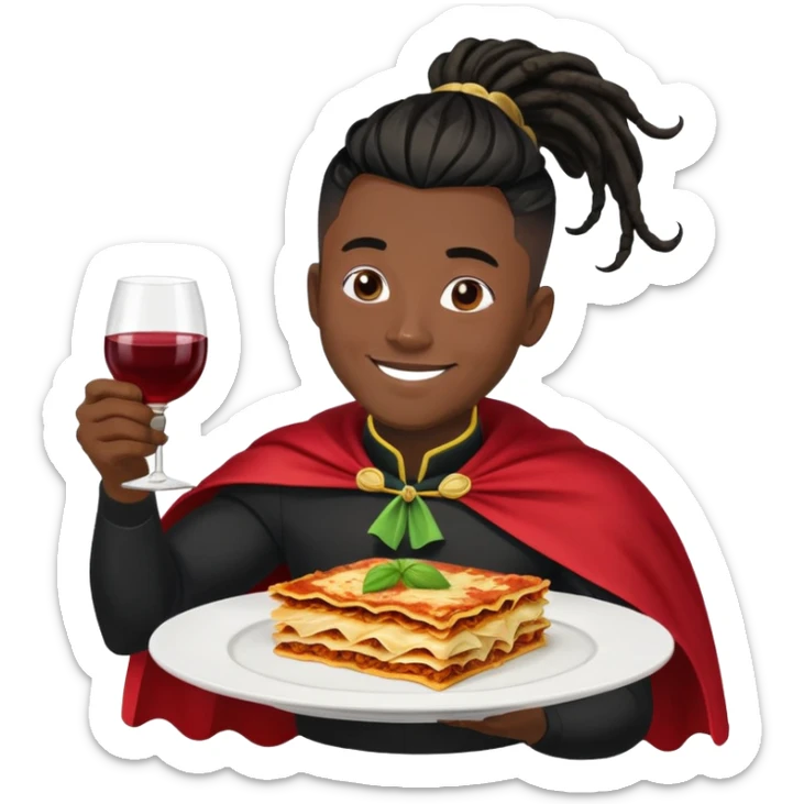  High fade widows peak ponytail dreadlock male black hair dark skin smiling and nigerian cape lasagna and wine while flying through the air sticker