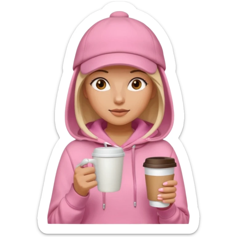 Woman in pink hoodie and cap holding coffee sticker