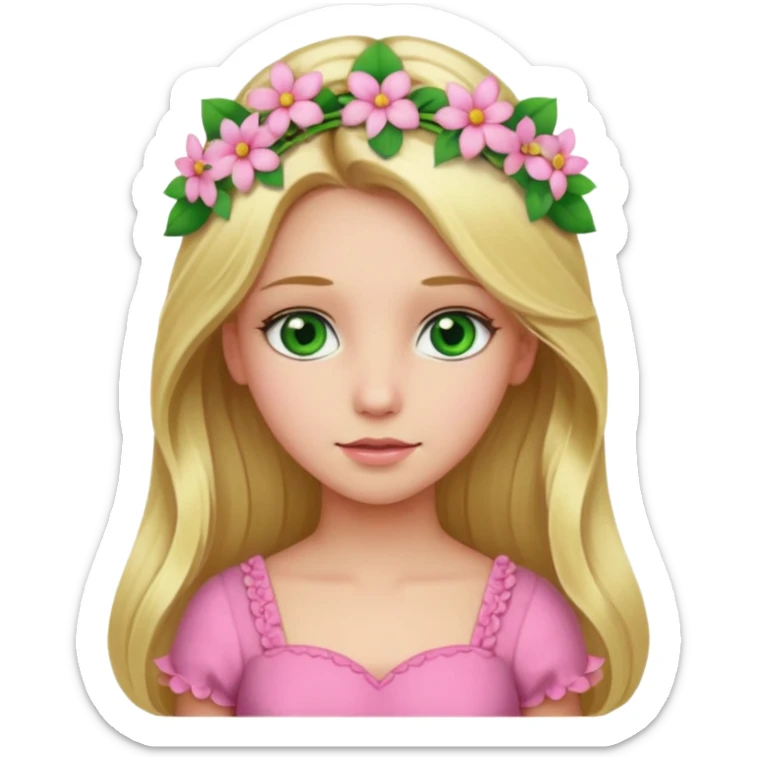 Girl profile picture with long blonde hair and green eyes and a flower in her hair. and a pink outfit sticker