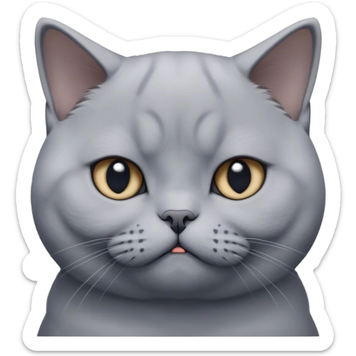 Cinematic Bored Grey British Shorthair Cat Portrait Emoji, Head tilted with a scrunched, utterly disinterested expression, sleek soft grey fur with subtle blue undertones, Simplified yet sharp features, highly detailed, glowing with a dull, indifferent glow, high shine, poised but exuding a sense of boredom, stylized with an air of subtle annoyance, focused yet clearly uninterested, soft glowing outline, capturing the essence of a bored yet adorably snarky kitty, so lifelike it feels like it could roll its eyes and sigh dramatically at any moment! sticker