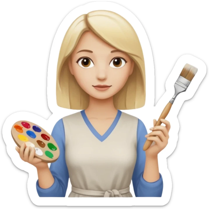 Female, medium length blonde hair, painting ceramics, paint brush in one hand, paint palette in other hand sticker