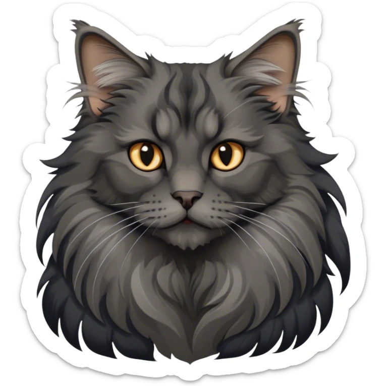 Portrait of a black smoke Maine Coon cat with long grey ear tufts and a large grey ruff around its neck. The cat has a majestic expression, with fluffy fur and striking eyes. Transparent background. sticker