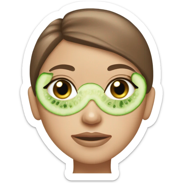 Girl with freackles Brown hair white skin Tone and blue eyes wears Green skin care mask and cucumber on her eyes sticker
