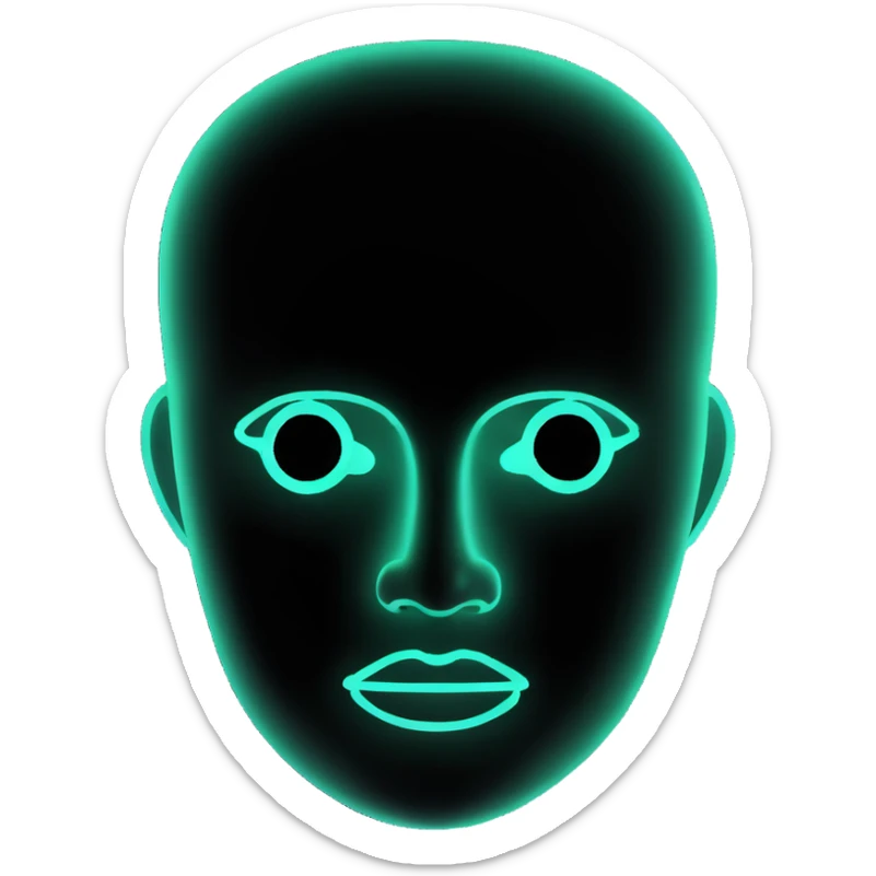 Minimalist futuristic AI avatar — clean glowing outline of a humanoid face, half-abstract with light reflections. sticker